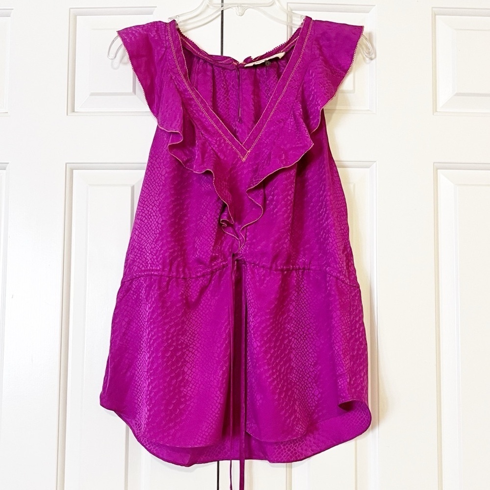 Rebecca Taylor sleeveless v-neck 100% silk flounce blouse w/ waist tie. Size 10 - Picture 8 of 16